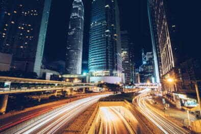 Night busy traffic in Hong Kong downtown city. Asia.